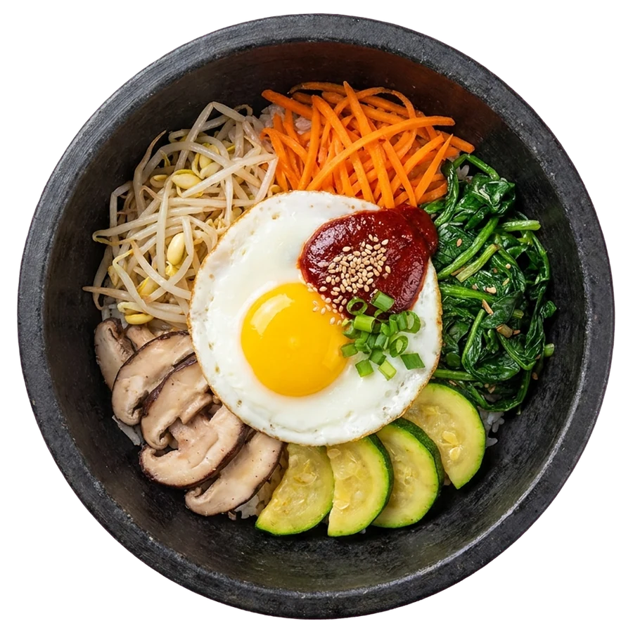 Steintopf von oben: Gemuese in Feldern um ein Spiegelei, dazu Gochujang