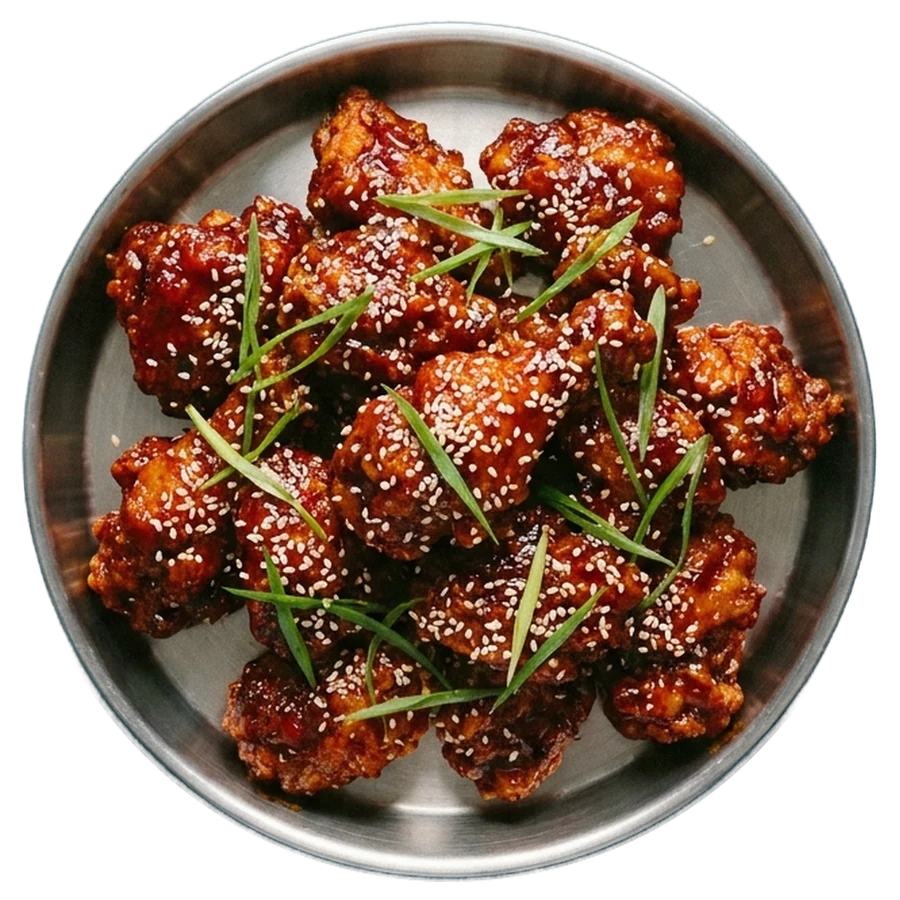 Frittiertes Haehnchen in dunkelroter Glasur mit Sesam und Fruehlingszwiebeln, von oben in einer Stahlschale