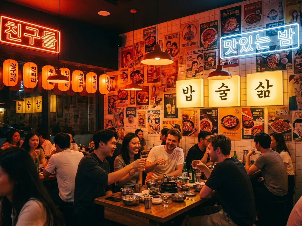 Voller Gastraum, Papierlaternen und Leuchtkaesten mit koreanischer Schrift